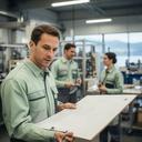 Berater in einer Produktionshalle am Zürichsee bei der Besprechung eines Prozessplans