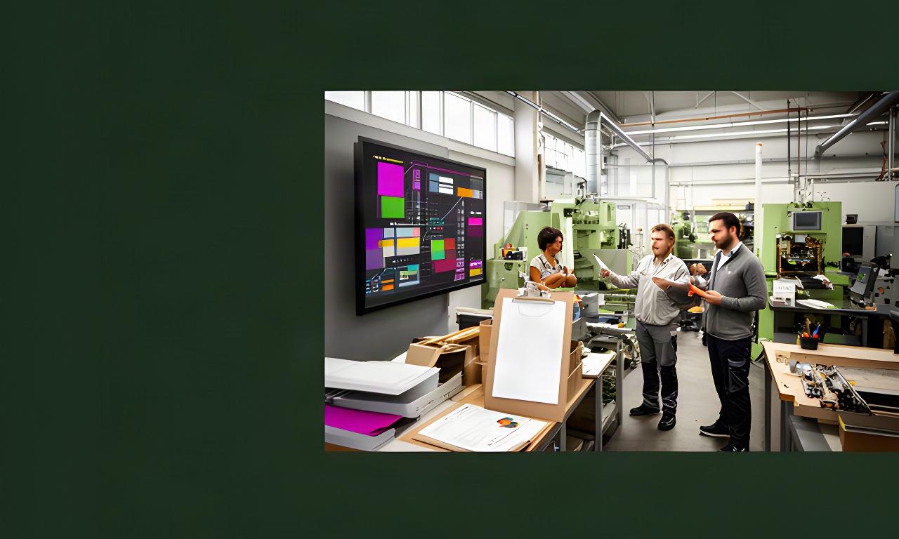Produktionshalle eines Zürcher KMU mit Mitarbeitenden, Auftragsmappen und digitaler Prozessanzeige